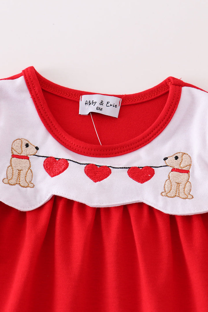 Red Valentine's Day Puppy Embroidery Girl Bloomer Set