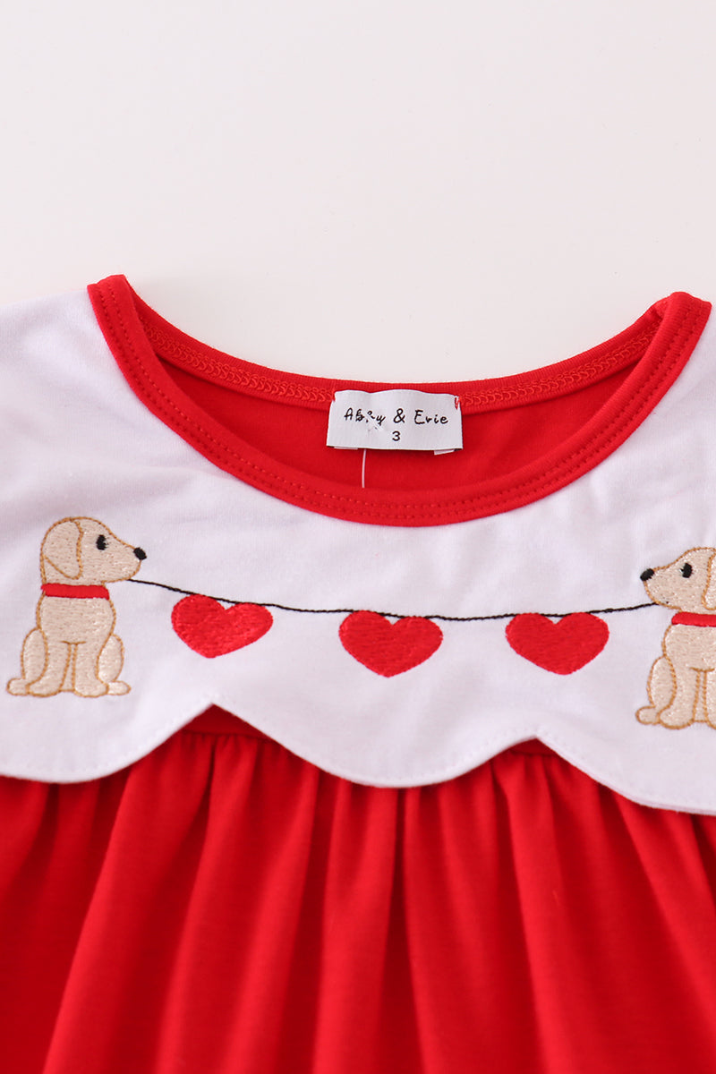 Red Valentine's Day Puppy Embroidery Girl Dress