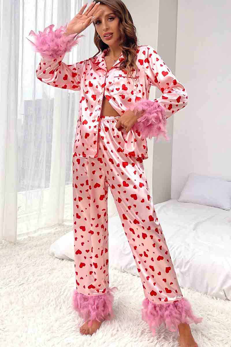 Pink Valentine's Day Heart Print Fur Trim Pajamas Set For Women