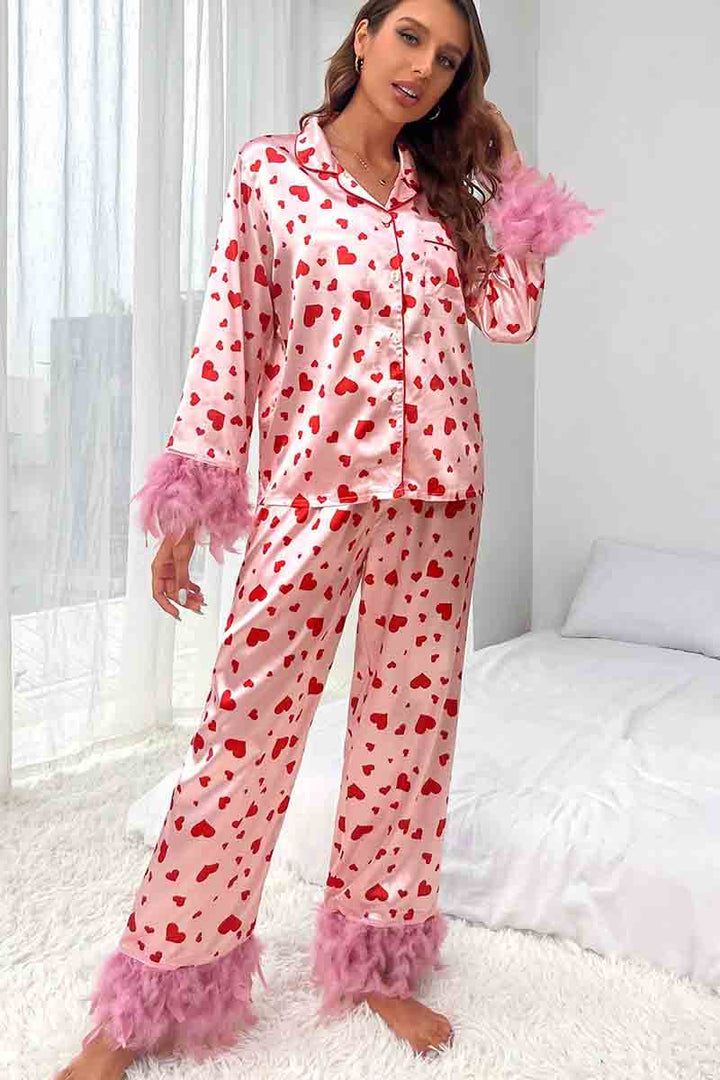 Pink Valentine's Day Heart Print Fur Trim Pajamas Set For Women