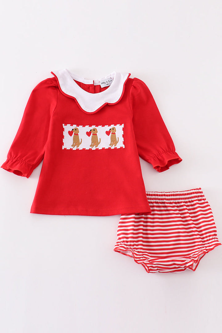 Red Valentine Puppy Embroidery Girl Bloomer Set