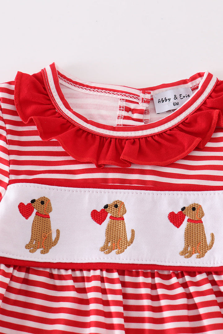 Red Valentine Puppy Embroidery Girl Romper