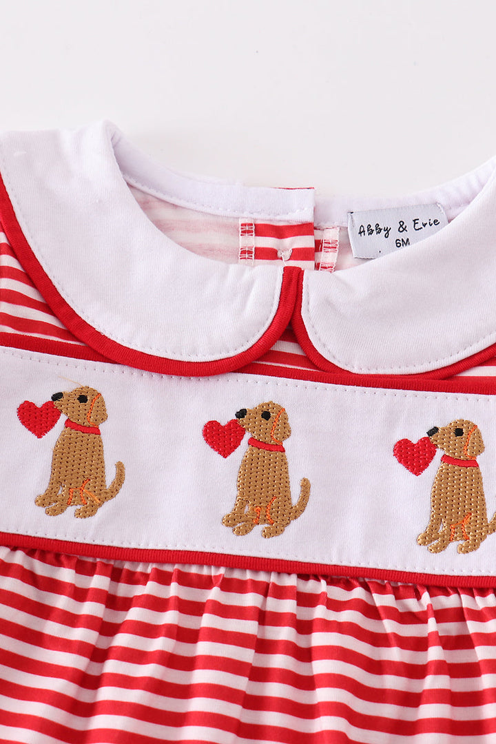 Red Valentine Puppy Embroidery Boy Romper