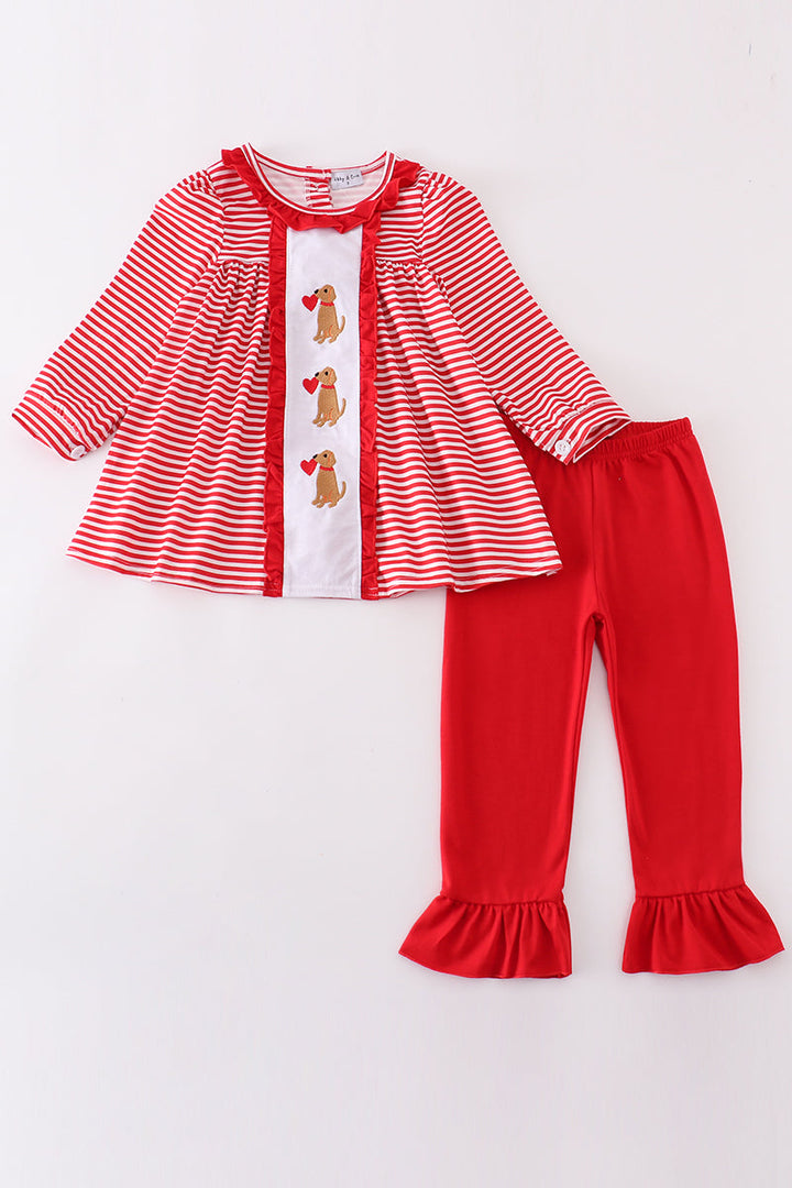 Red Valentine Puppy Embroidery Girl Set