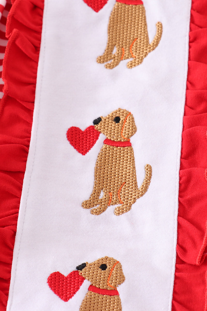 Red Valentine Puppy Embroidery Girl Set