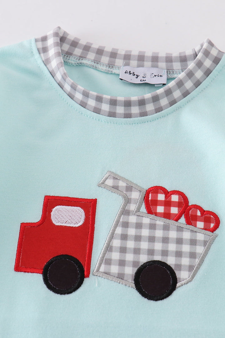 Blue Valentine Truck Heart Applique Boy Romper