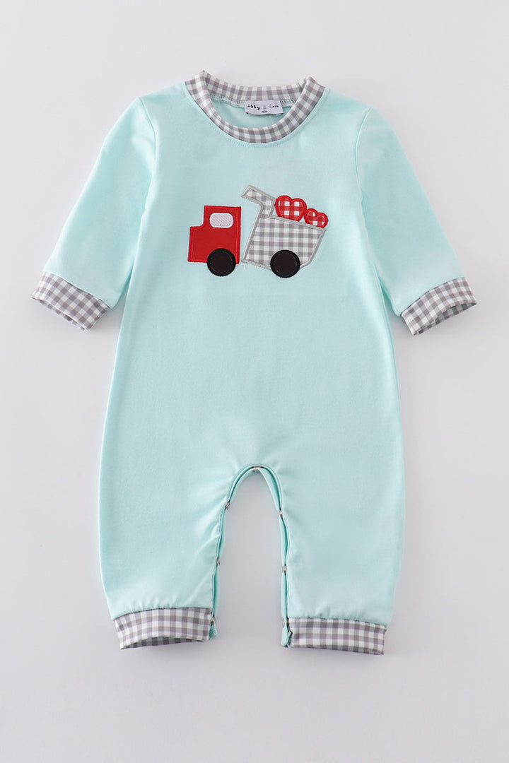 Blue Valentine Truck Heart Applique Boy Romper