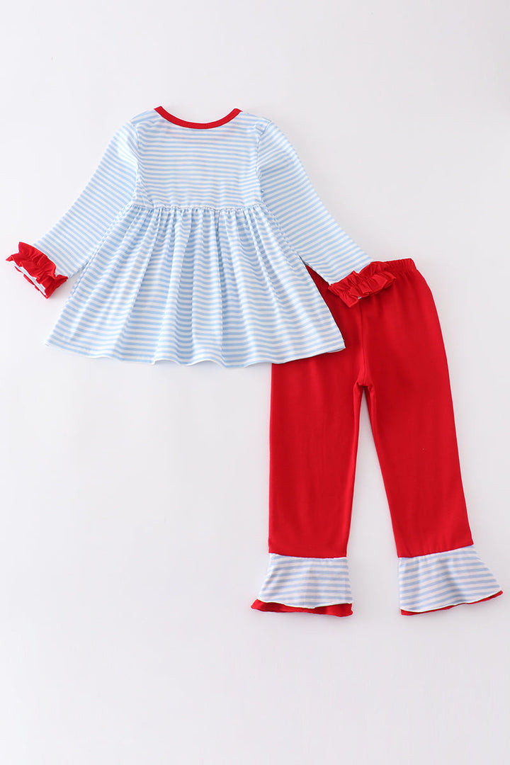 Blue Stripe Valentine Puppy Heart Embroidery Girl Set