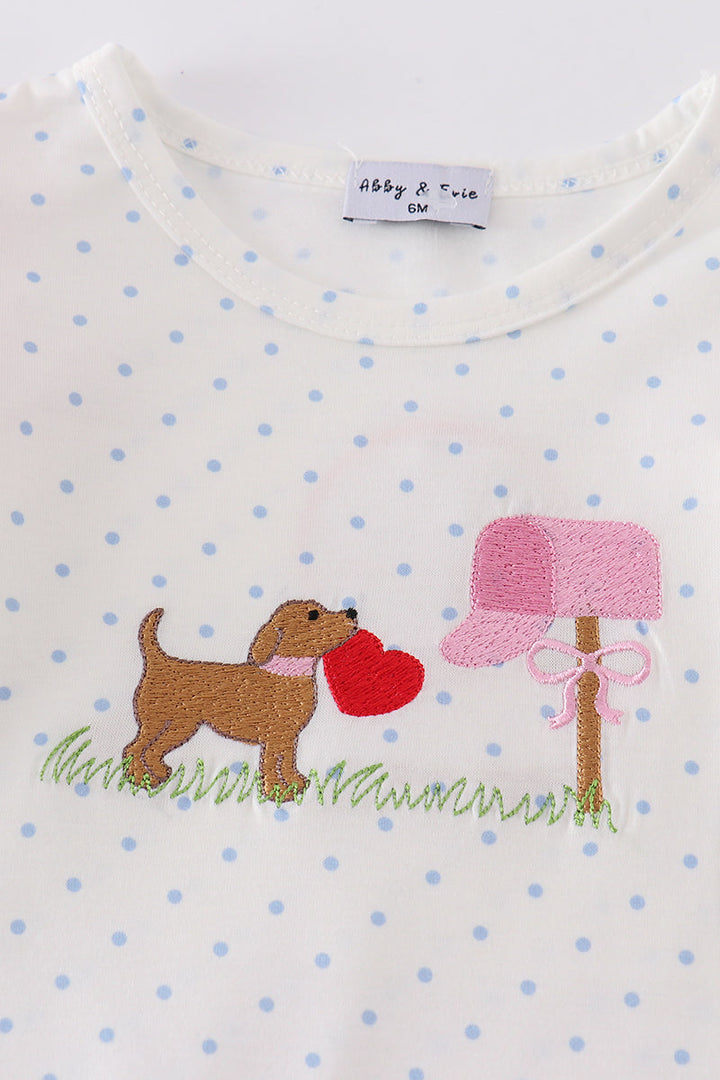 Pink Valentine Puppy Embroidery Girl Romper