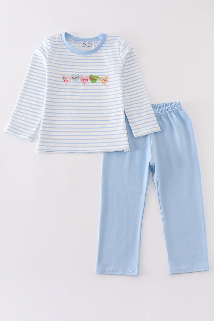 Blue Stripe Valentine Heart Embroidery Boy Set