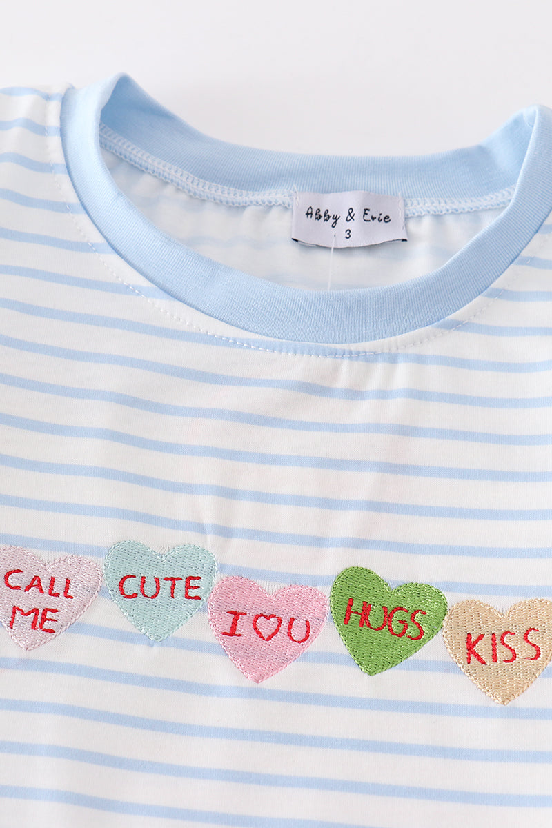 Blue Stripe Valentine Heart Embroidery Boy Set