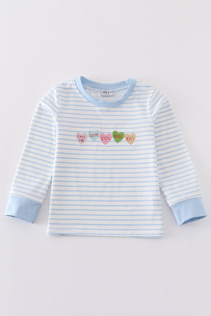 Blue Stripe Valentine Heart Embroidery Boy Top