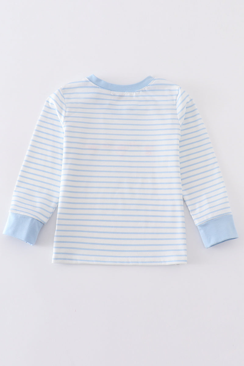 Blue Stripe Valentine Heart Embroidery Boy Top