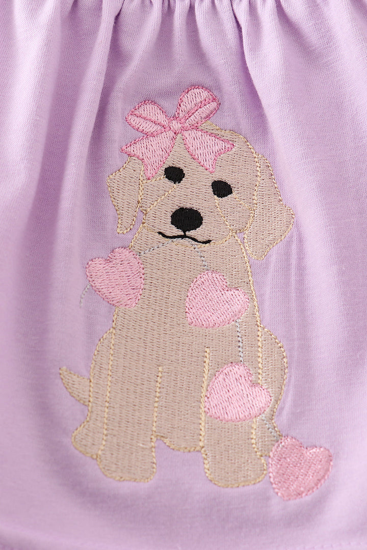 Purple Valentine'day Puppy Embroidery Girl Bloomer Set