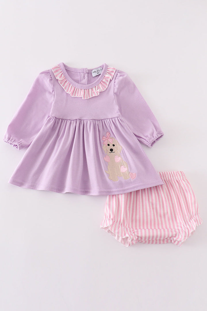 Purple Valentine'day Puppy Embroidery Girl Bloomer Set