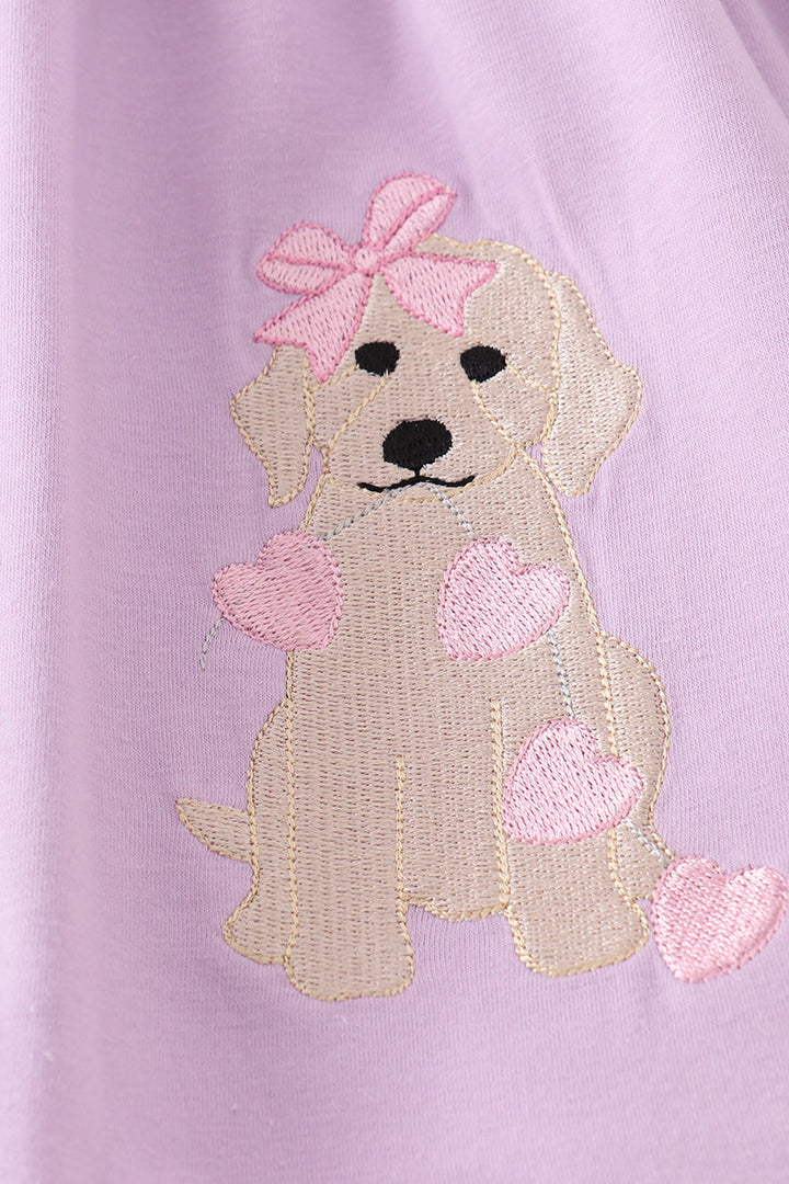 Purple Valentine Puppy Embroidery Girl Set