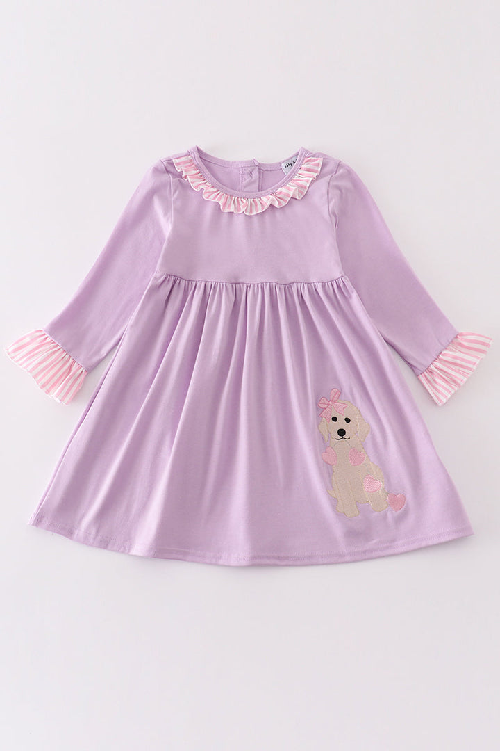 Purple Valentine Puppy Embroidery Dress