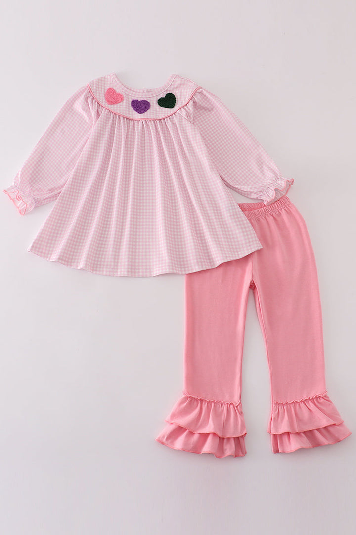 Pink Gingham Heart French Knot Girl Set