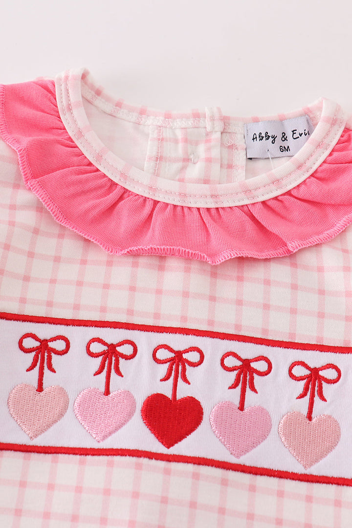 Pink Plaid Heart Embroidery Girl Romper