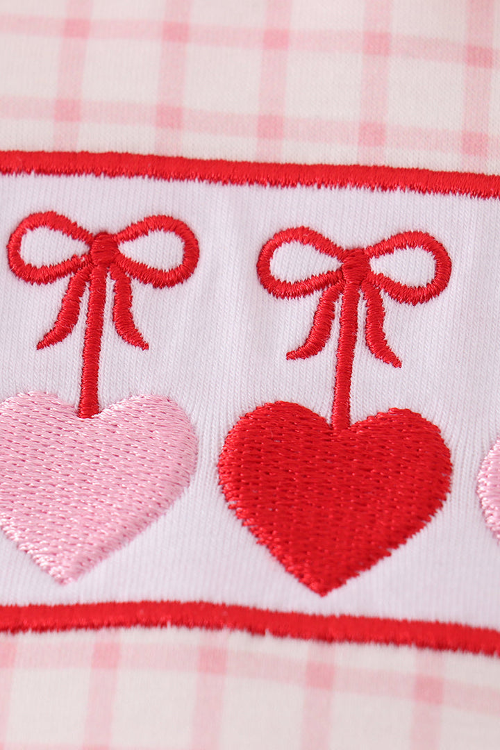 Pink Plaid Heart Embroidery Girl Romper