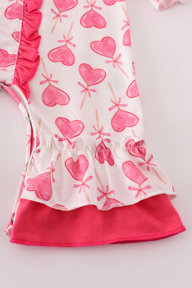 Pink Valentine Heart Print Girl Romper