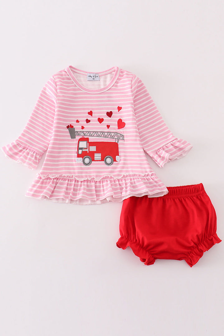 Valentine's Day Fire Truck Applique Girl Bloomer Set