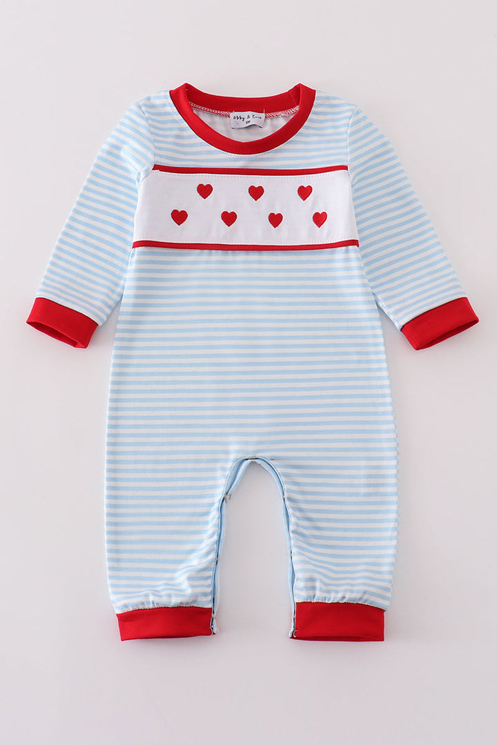 Blue Stripe Heart Embroidery Boy Romper