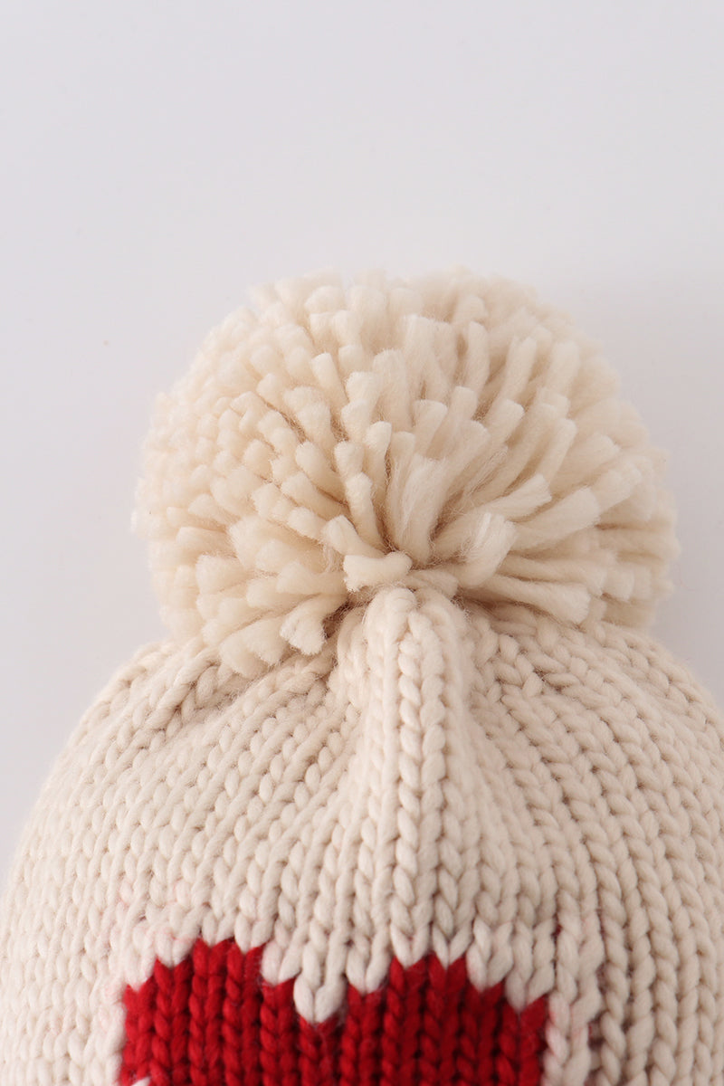 Cream Heart Knit Beanie Pom Pom Hat