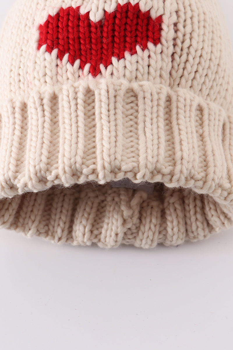 Cream Heart Knit Beanie Pom Pom Hat