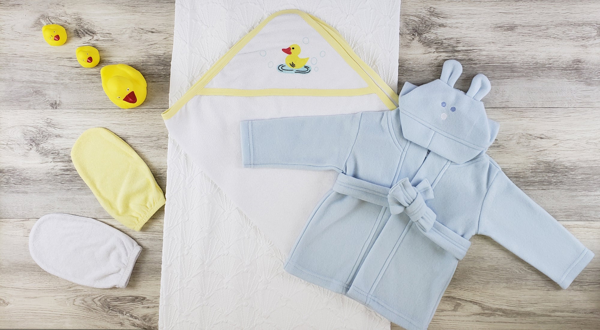 Hooded Towel, Bath Mittens and Robe