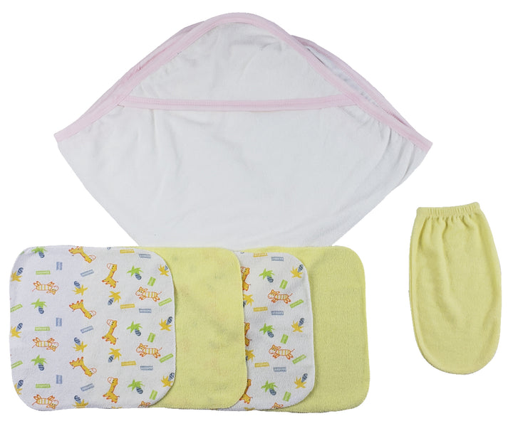 Pink Hooded Towel, Washcloths and Hand Washcloth Mitt - 6 pc Set