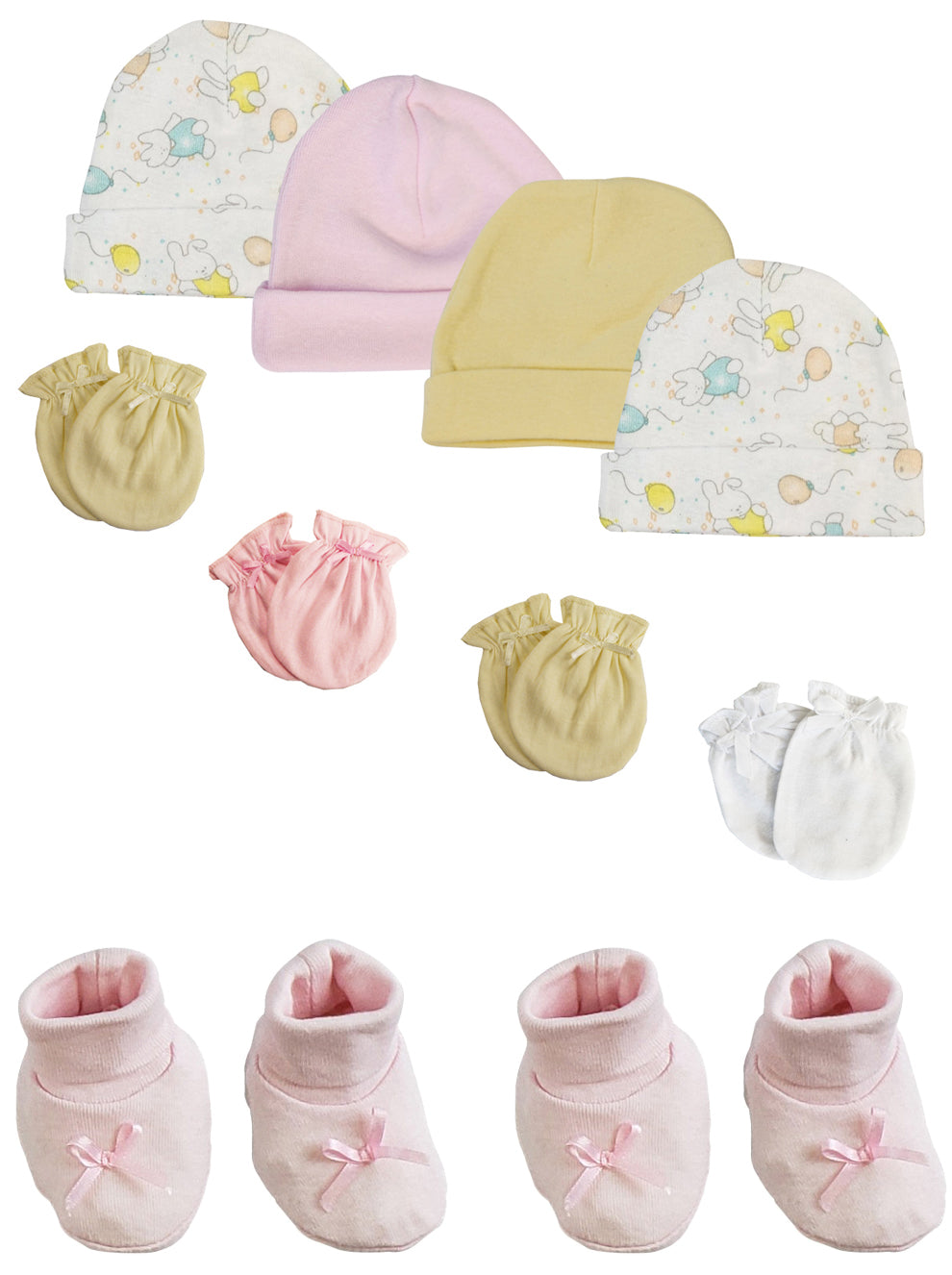Preemie Baby Girl Caps with Infant Mittens and Booties - 10 Pack