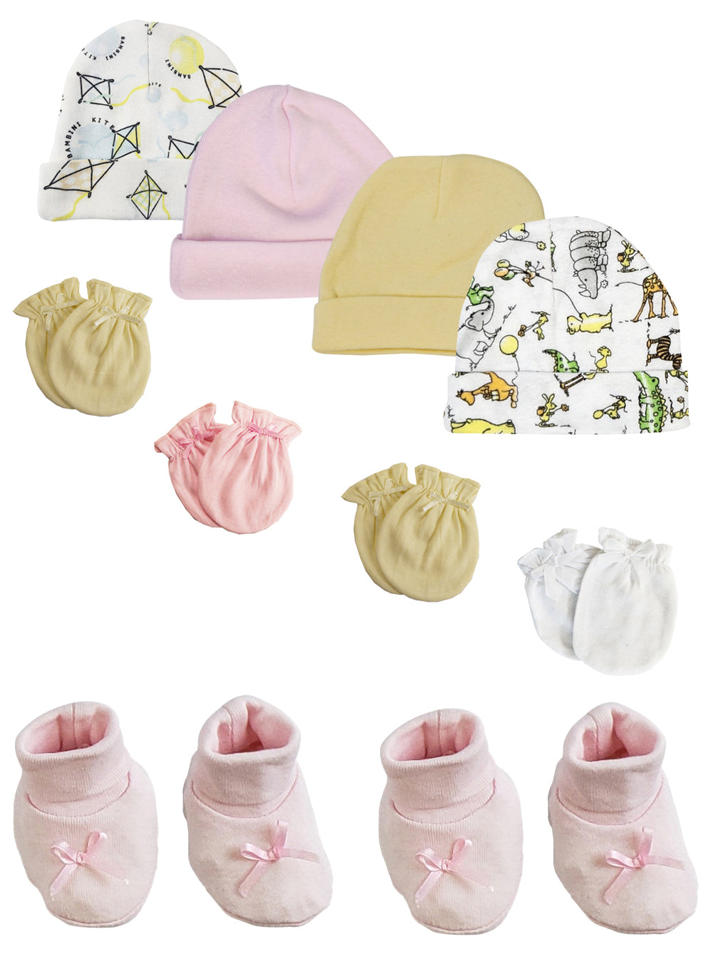 Preemie Baby Girl Caps with Infant Mittens and Booties - 10 Pack