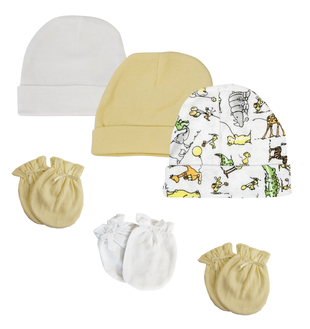 Baby Boy, Baby Girl, Unisex Infant Caps and Mittens (Pack of 6)