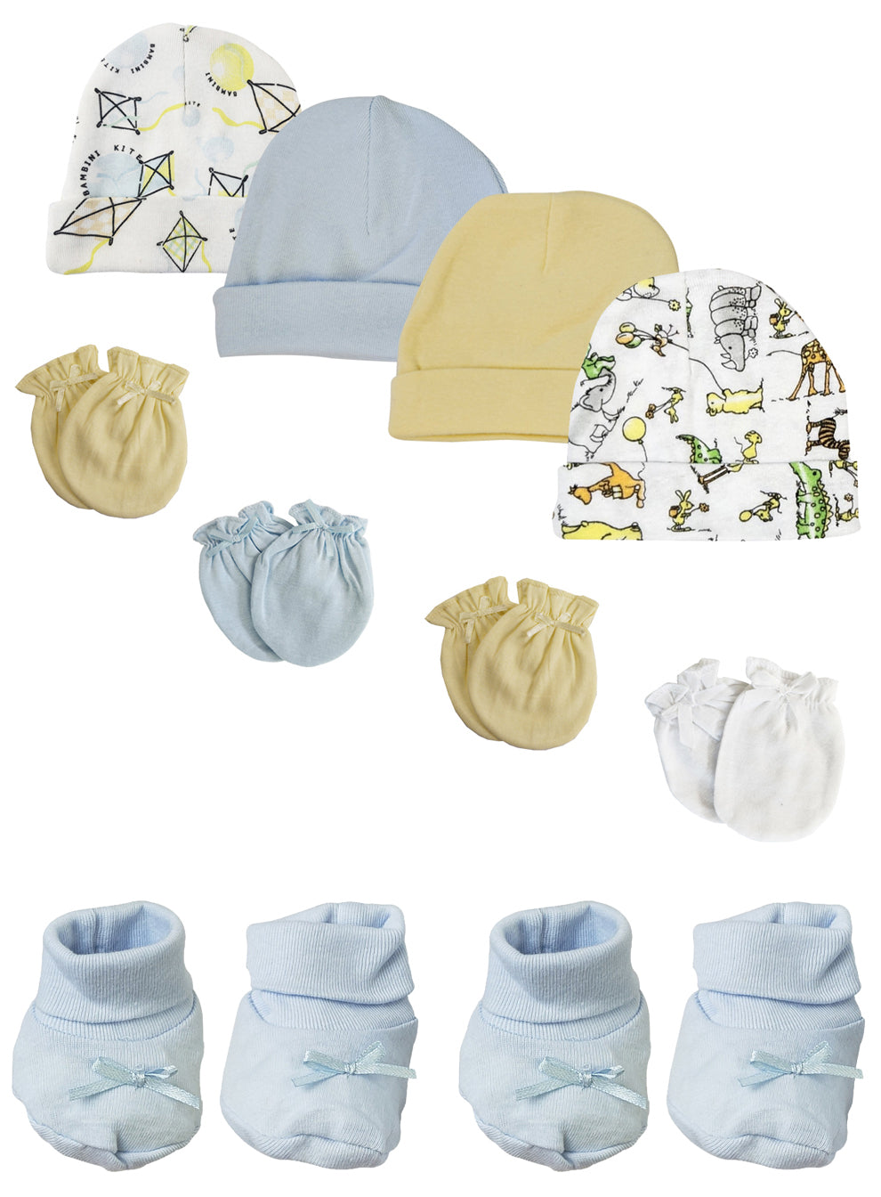 Preemie Baby Boy Caps with Infant Mittens and Booties - 10 Pack
