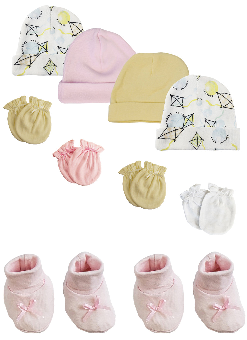 Preemie Baby Girl Caps with Infant Mittens and Booties - 10 Pack